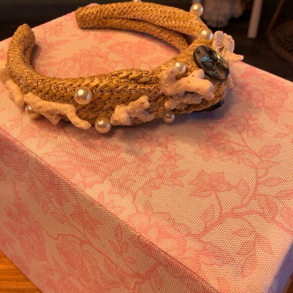 Womens Sea Shells Faux Pearl Woven Top Knotted Headband Beige White One Size main image 5